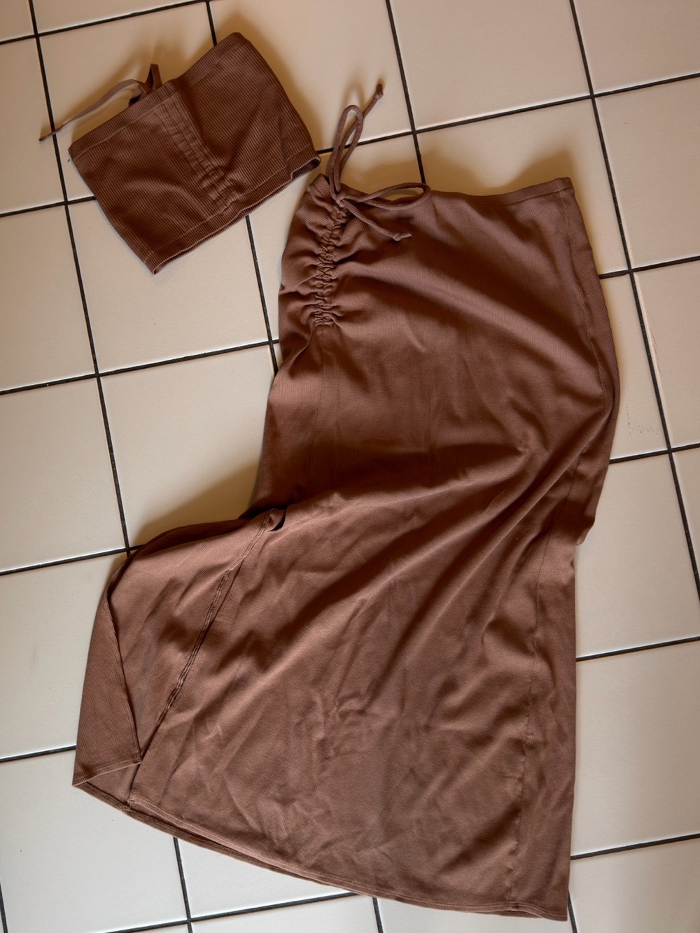Brown Two-Piece Satin Set - Strapless Top & Skirt